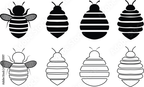 Bee icons set black flat and outline designs. Flying insect with striped body and wings vectors. Honeybee symbols for pollination and wildlife representation. Nature, apiary, environmental pictogram.