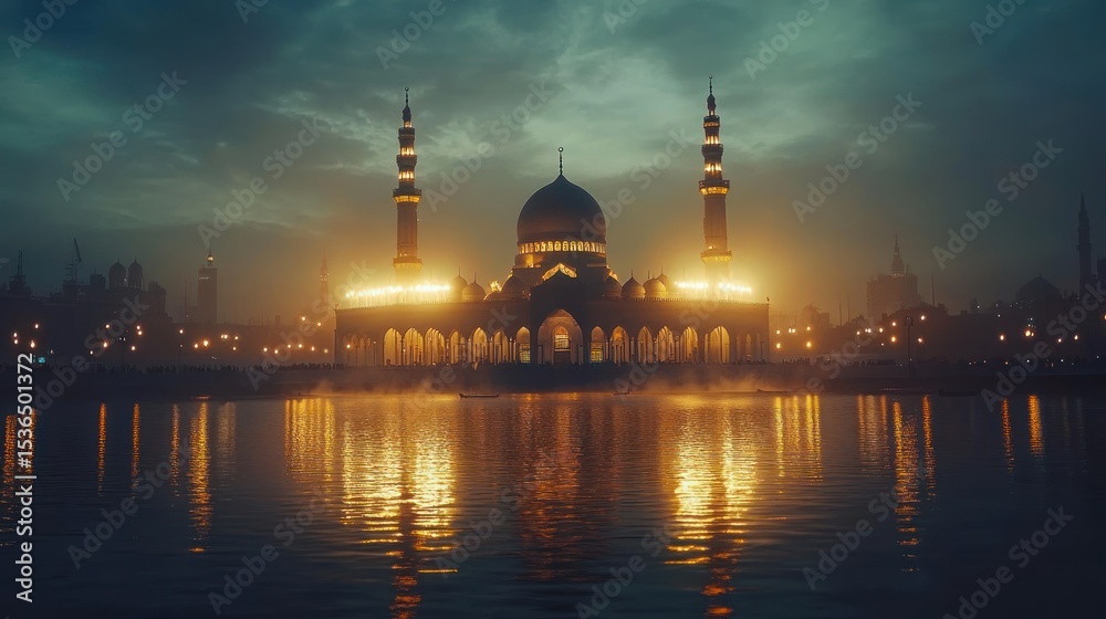 Obraz premium Illuminated mosque at dusk, reflected in water