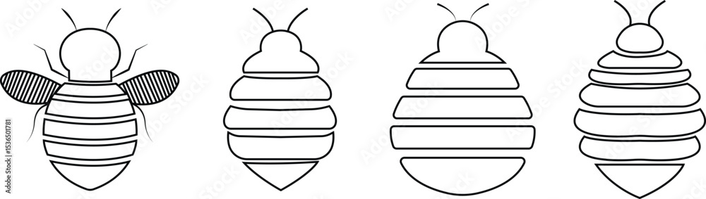 Bee icons set black outline designs. Flying insect with striped body, wings vectors illustration. Honeybee symbol for pollination and wildlife representation. Nature, apiary, environmental pictogram. Bee icons set black outline designs. Flying insect with striped body, wings vectors illustration. Honeybee symbol for pollination and wildlife representation. Nature, apiary, environmental pictogram.