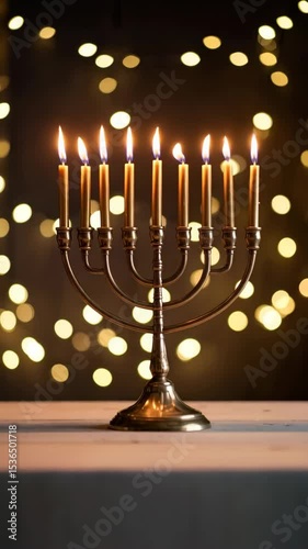 Lit menorah with nine candles glowing against bokeh background, celebrating Jewish holiday, religious symbol, Hanukkah festival