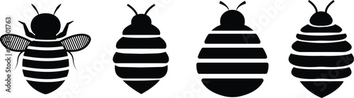Bee icons set black flat designs. Flying insect with striped body and wings vectors illustration. Honeybee symbols for pollination and wildlife representation. Nature, apiary, environmental pictogram.