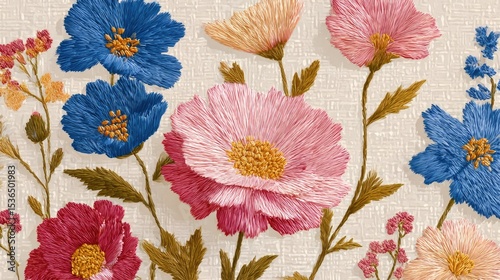 Colorful embroidered flowers on a beige fabric background. The design features pink, blue, and red flowers with green leaves, showcasing intricate stitching techniques.