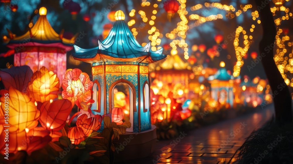 Obraz premium Illuminated path lined with colorful paper lanterns and Chinese-style pavilions