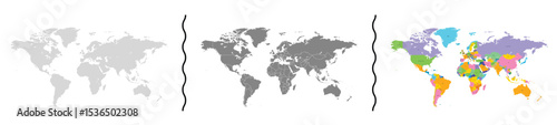 World Map Vector Set. Blank Outline, Political Color, and Grayscale Map. High Resolution Isolated on White Background