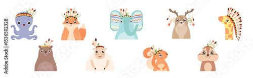 Funny Animal Character with Head Feather Band and Adornment Vector Set