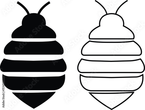 Bee icons set black flat and outline designs. Flying insect with striped body and wings vectors. Honeybee symbols for pollination and wildlife representation. Nature, apiary, environmental pictogram.