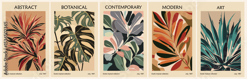 Set of botanical contemporary art posters in retro mid-century modern style featuring exotic tropical leaves like monstera, agave, eucalyptus and banana leaves colorful backgrounds
