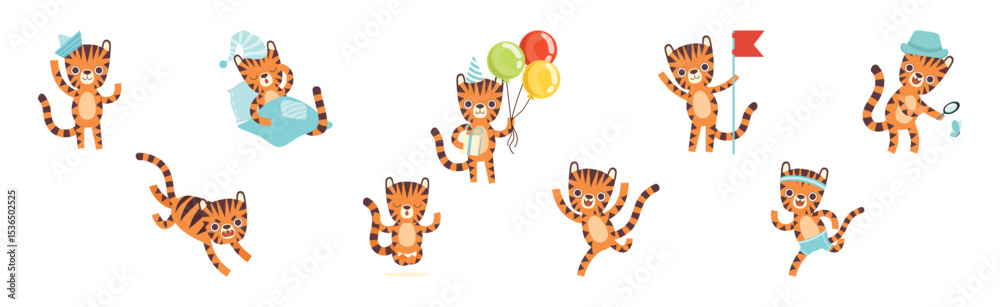 Fototapeta premium Cute Little Tiger Character with Striped Body and Tail Vector Set