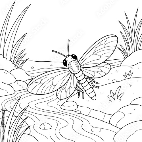 Mayfly coloring page for kids, insect outline drawing, river scene, nature illustration art on transparent background