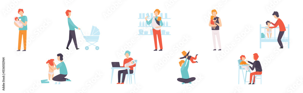 Dad on Maternity Leave Takes Care of Little Toddler Vector Set Dad on Maternity Leave Takes Care of Little Toddler Vector Set