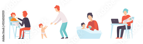Dad on Maternity Leave Takes Care of Little Toddler Vector Set