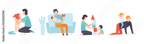 Dad on Maternity Leave Takes Care of Little Toddler Vector Set