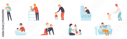Dad on Maternity Leave Takes Care of Little Toddler Vector Set