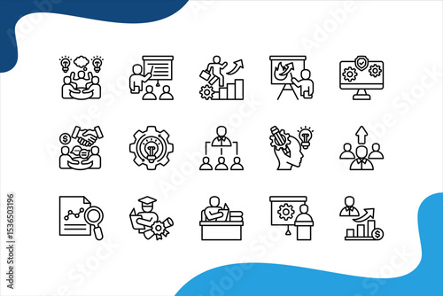 Business Learning icon set with Learning, Training, Course, Workshop, Education, Management, Leadership.