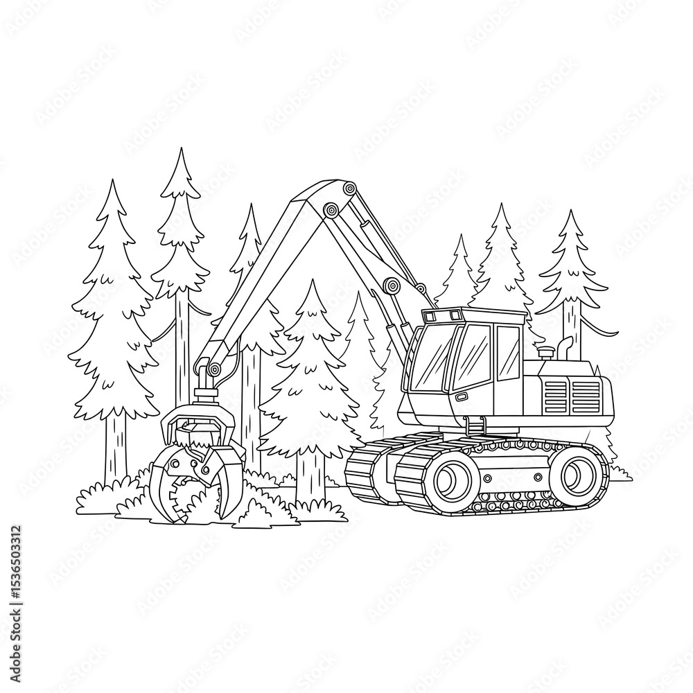Naklejka premium Logging equipment coloring page for kids and adults forestry machinery outline drawing art on transparent background