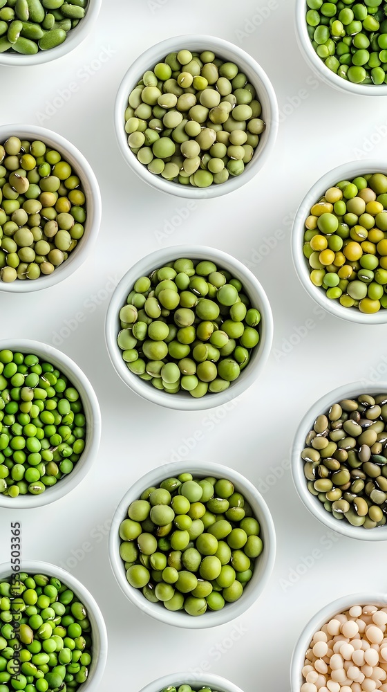 Assorted green beans in small white bowls. Assorted green beans in small white bowls.