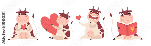 Funny Cow Character with Horn and Udder Enjoy Different Activity Vector Set