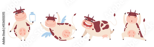 Funny Cow Character with Horn and Udder Enjoy Different Activity Vector Set