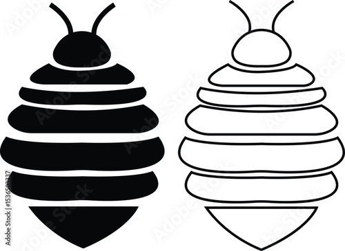 Bee icons set black flat and outline designs. Flying insect with striped body and wings vectors. Honeybee symbols for pollination and wildlife representation. Nature, apiary, environmental pictogram.