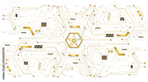 A golden background with golden circuit board lines, golden dots and yellow chips 