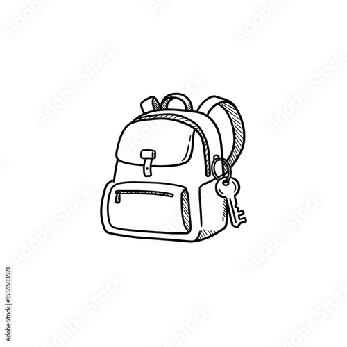 Backpack with key illustration, practical and adventurous style, black and white, for travel essentials
