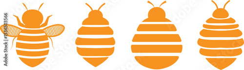 Bee icons set yellow flat designs. Flying insect with striped body and wings vectors illustration. Honeybee symbol for pollination and wildlife representation. Nature, apiary, environmental pictogram.
