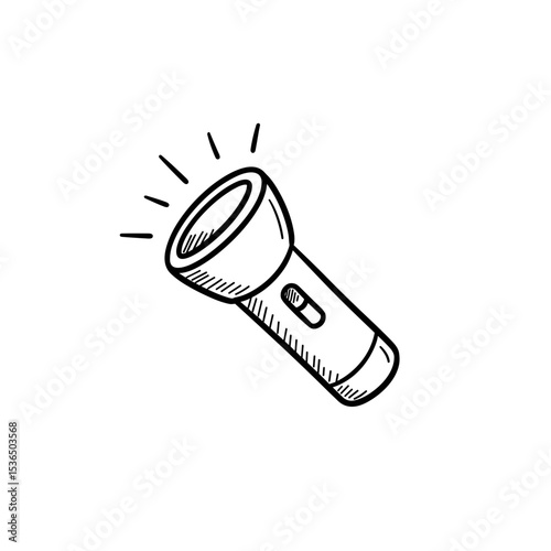Flashlight illustration, practical and adventurous style, black and white, for outdoor exploration