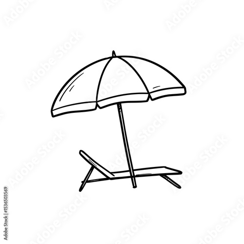 Beach umbrella and lounge chair, summer relaxation, line art, vacation vibes