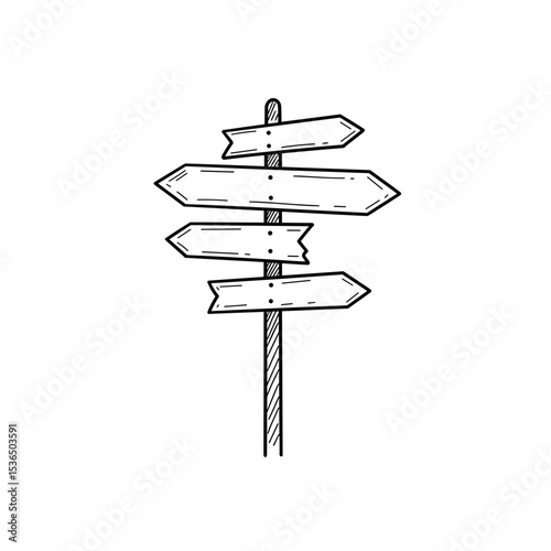 Directional signpost illustration, rustic and adventurous style, black and white, for travel concepts