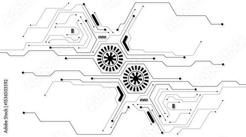Abstract futuristic circuit board pattern with digital technology elements in a clean white background