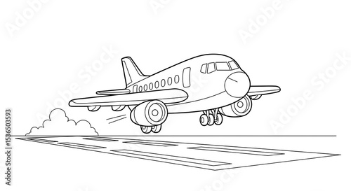 Airplane taking off coloring page vector illustration for kids and adults to print free on transparent background