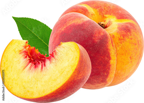 Ripe peach peach slice and leaf isolated peaches fruit food transparent background