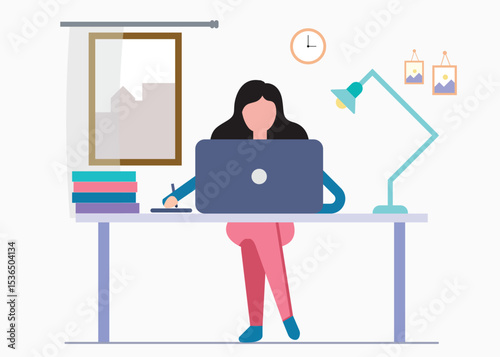 A Woman Working From Home. Stock Illustration