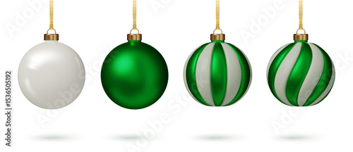 Green Christmas balls realistic hanging on ribbons. Realistic 3D baubles for winter holiday home decor. Isolated vector elements PNG