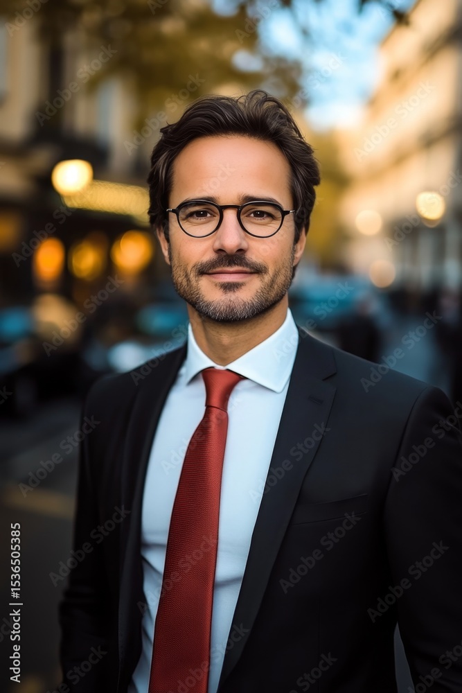 Fototapeta premium Successful Lawyer Posing on Urban Street in Business Attire with Glasses, Copyspace for Text Message