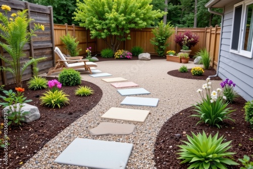 a backyard with low maintenance paving materials like natural stone, gravel, and permeable concrete that blend beauty with easy upkeep.