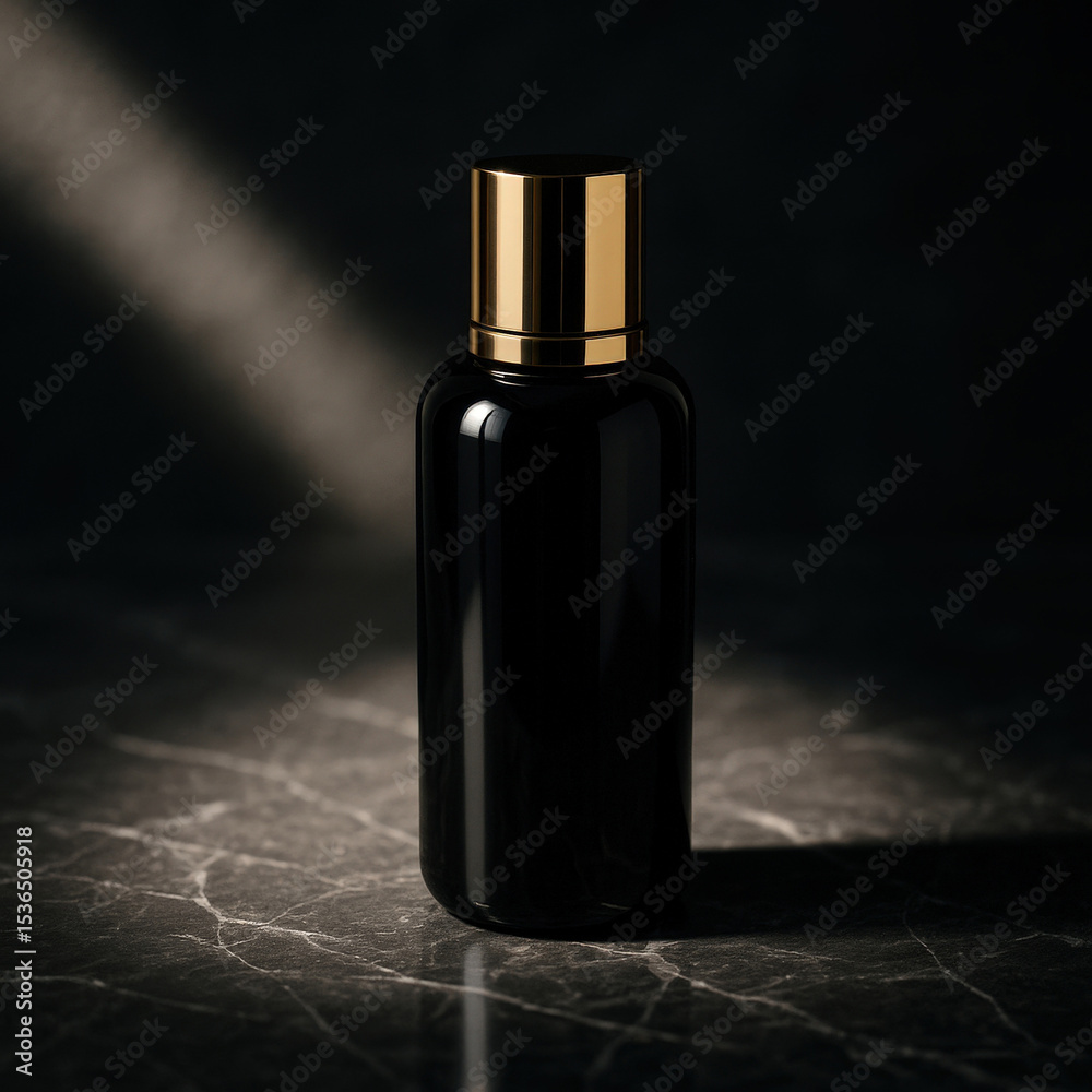Fototapeta premium black perfume bottle with gold cap.