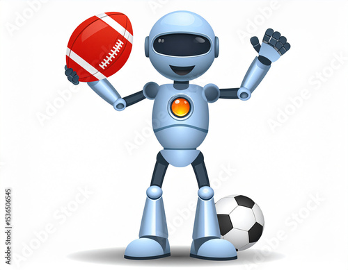 A cute, funny 3D blue toy robot with a big smile and baseball bat stands isolated, ready to play