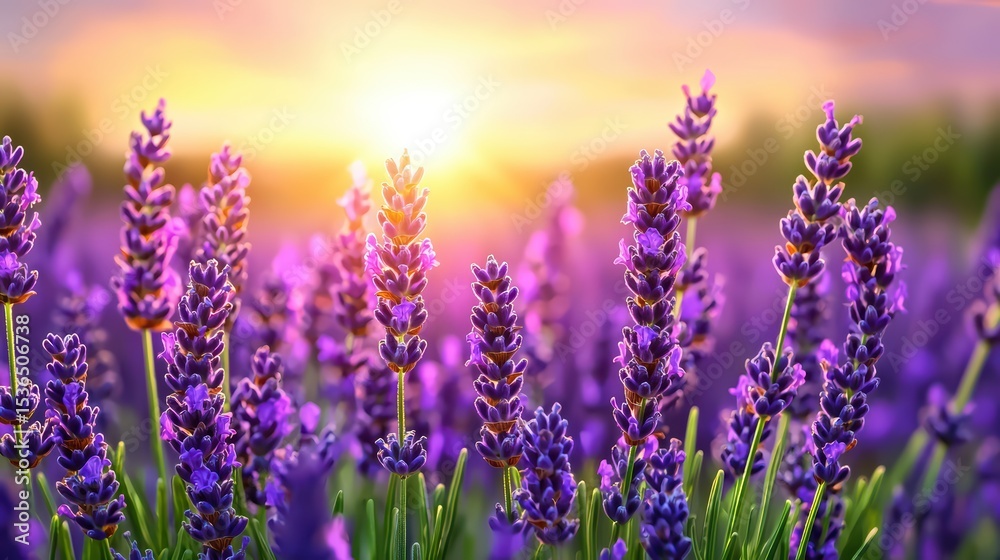 Fototapeta premium Beautiful Lavender Fields Under a Bright Sunrise with Vibrant Purple Flowers and Golden Sunlight in the Background