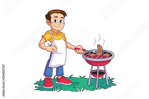 Cartoon Man grilling Sausages and Meat