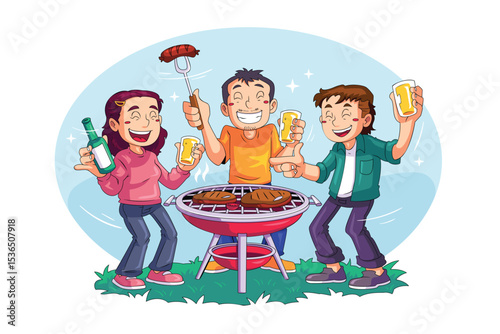 Three Friends Eating Sausages and Meat with Drinks at Barbecue