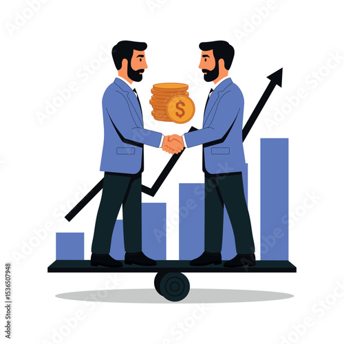 Businessmen handshake on balance board with money bag and growth chart. Symbol of partnership, finance, and success.