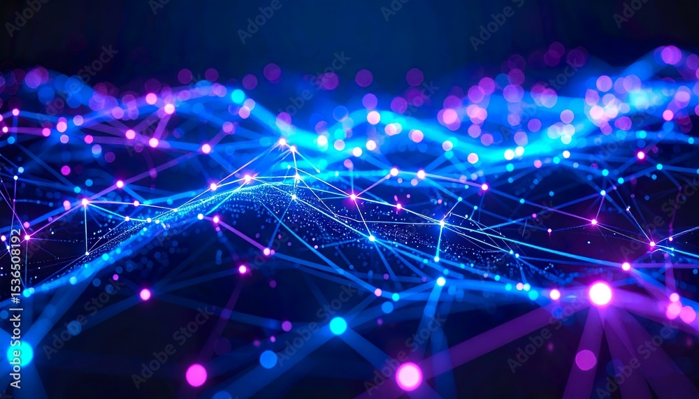 Obraz premium Futuristic Digital Wave Network with Glowing Neural Connections and Light Particles - AI Generated