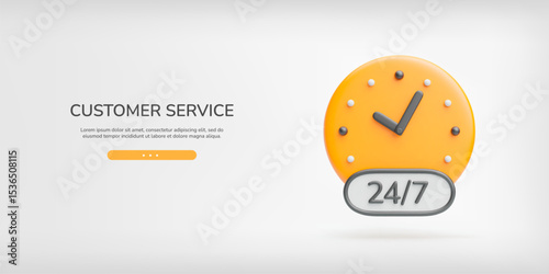 Customer service 3d banner. Realistic yellow clock face and 24 7 service text in black border. All day working concept. Vector poster of client support, help, working hours on light gray background.