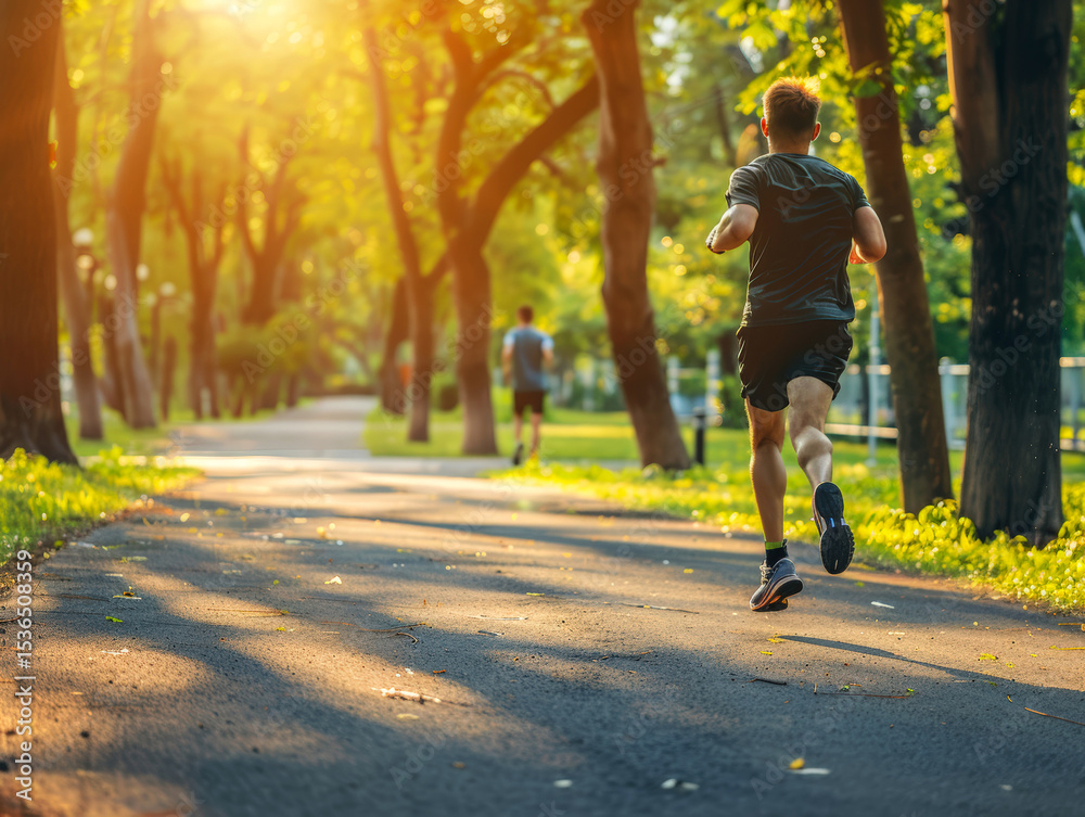 Obraz premium Young man in T-shirt, shorts and sneakers running along path in summer park, in shade of trees, on bright sunny day. View from behind. Healthy lifestyle. Copy space for text.
