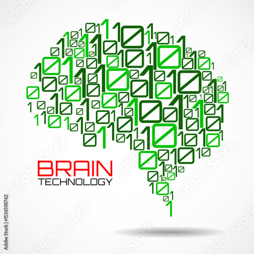 Artificial intelligence. Abstract brain with binary computer code, technology concept. Vector illustration