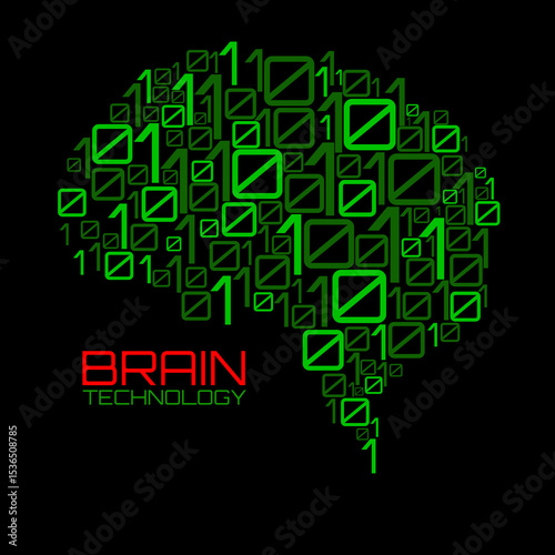 Artificial intelligence. Abstract brain with binary computer code, technology concept. Vector illustration