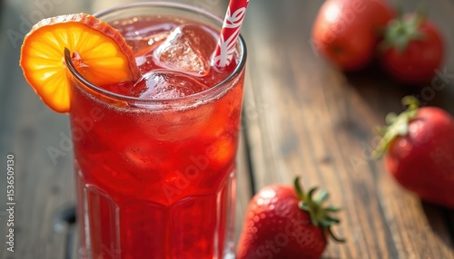 Refreshing guarana soda drink. Cocktail with ice, orange slice, red straw. Cold beverage with strawberries on wooden table, tasty refreshment. Sweet carbonated drink with tropical flavor.