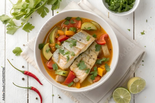 top view of peixada fish stew in bowl on wood background 
