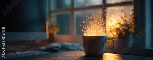 Early brew for caffeine kick and early work coffee concept. A steaming cup of coffee emits warmth against a cozy background.